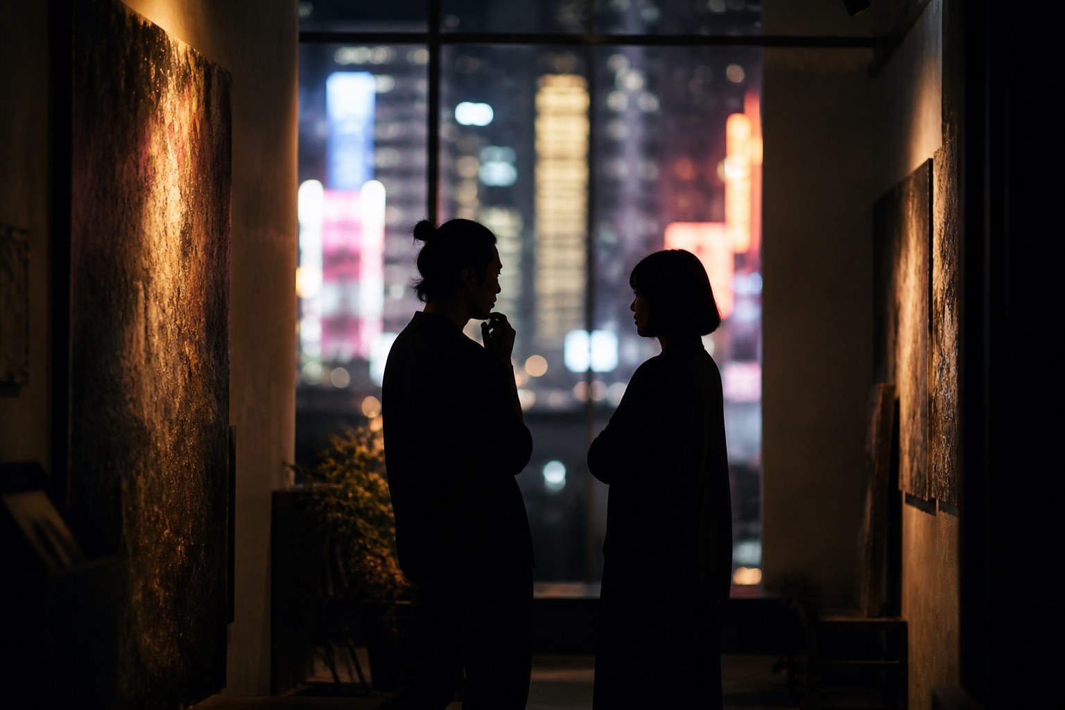 Creators in a gallery doorway overlooking the city